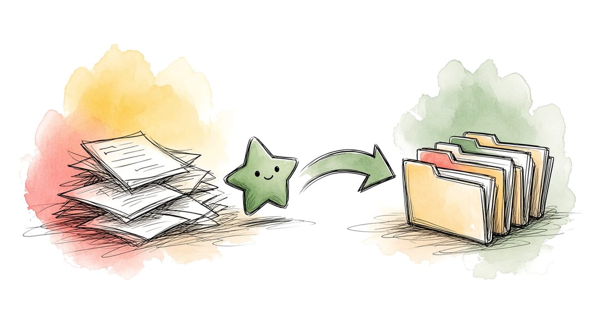 Illustration of a messy pile of papers turned into neat folders