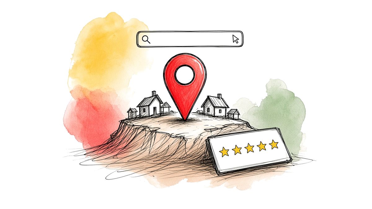 Illustration of a map pin over a hilltop village with a search bar and five-star review