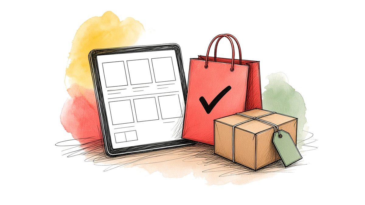 Illustration of a tablet showing products, a shopping bag with a tick and a parcel