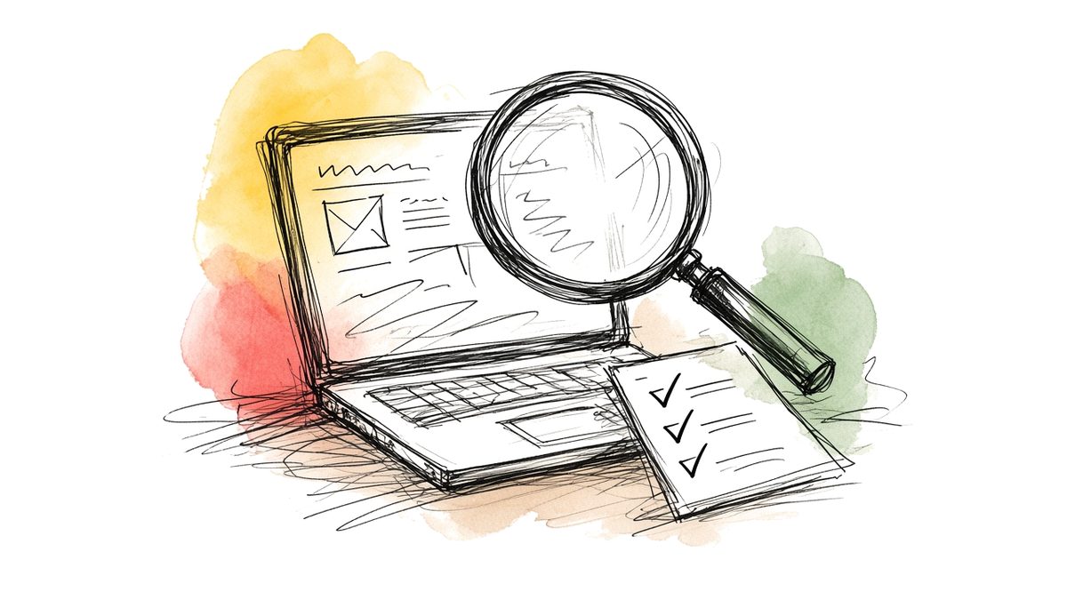 Illustration of a laptop under a magnifying glass beside a ticked checklist